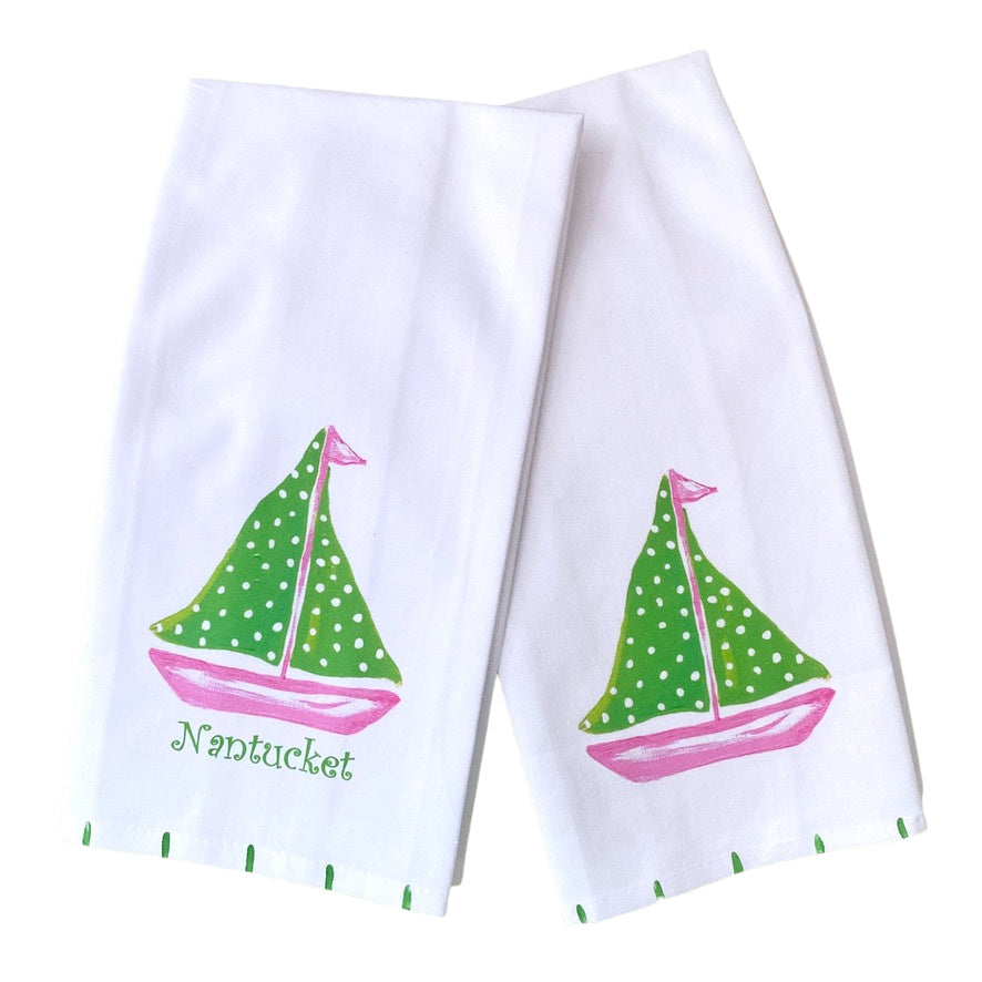 Pink and Green Sailboat Tea Towel
