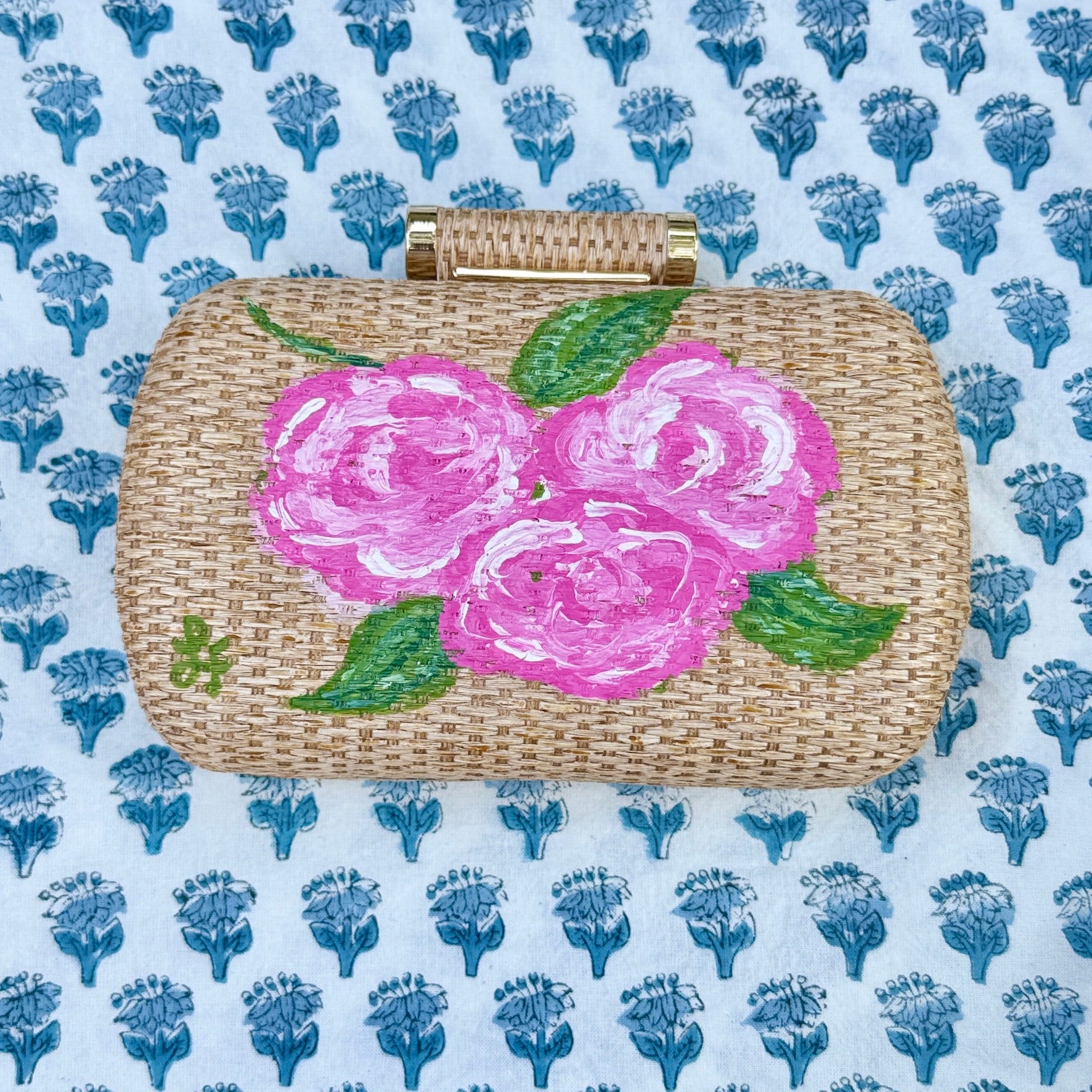 Hand Painted Hydrangea or Rose Rattan Clutch