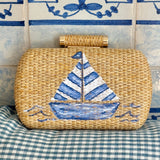 Hand Painted Blue and White Sailboat Rattan Clutch