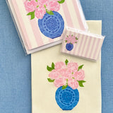 Pink Peonies in Blue Chinoiserie Linen Guest Towel