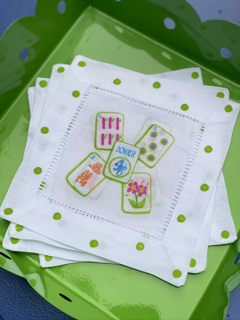 Merry Mahj! Christmas Mahjong Linen Cocktail Napkins - Thumbnail 4