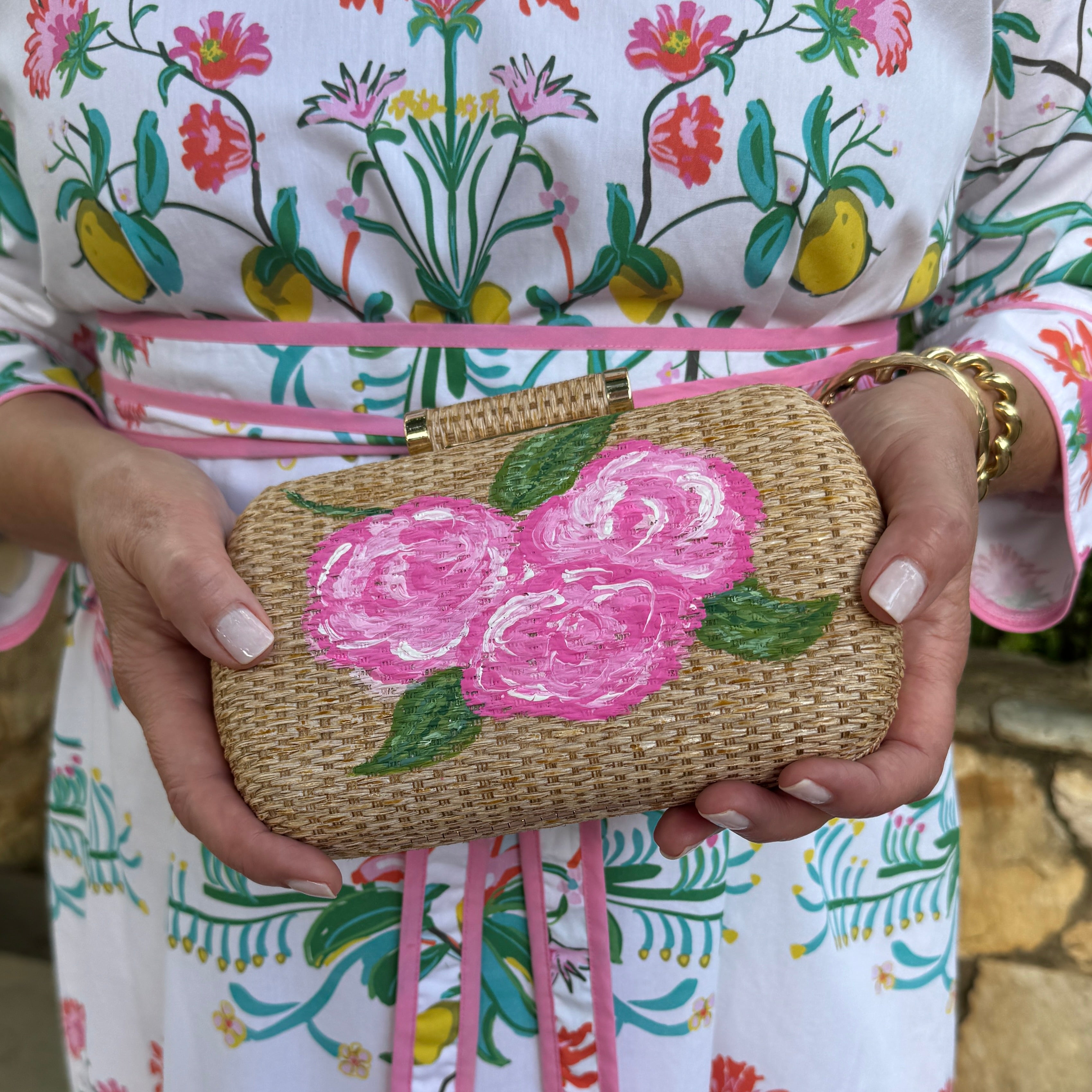 Hand Painted Hydrangea or Rose Rattan Clutch – Lemondaisy Design