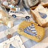 Hand Painted Blue and White Sailboat Rattan Clutch