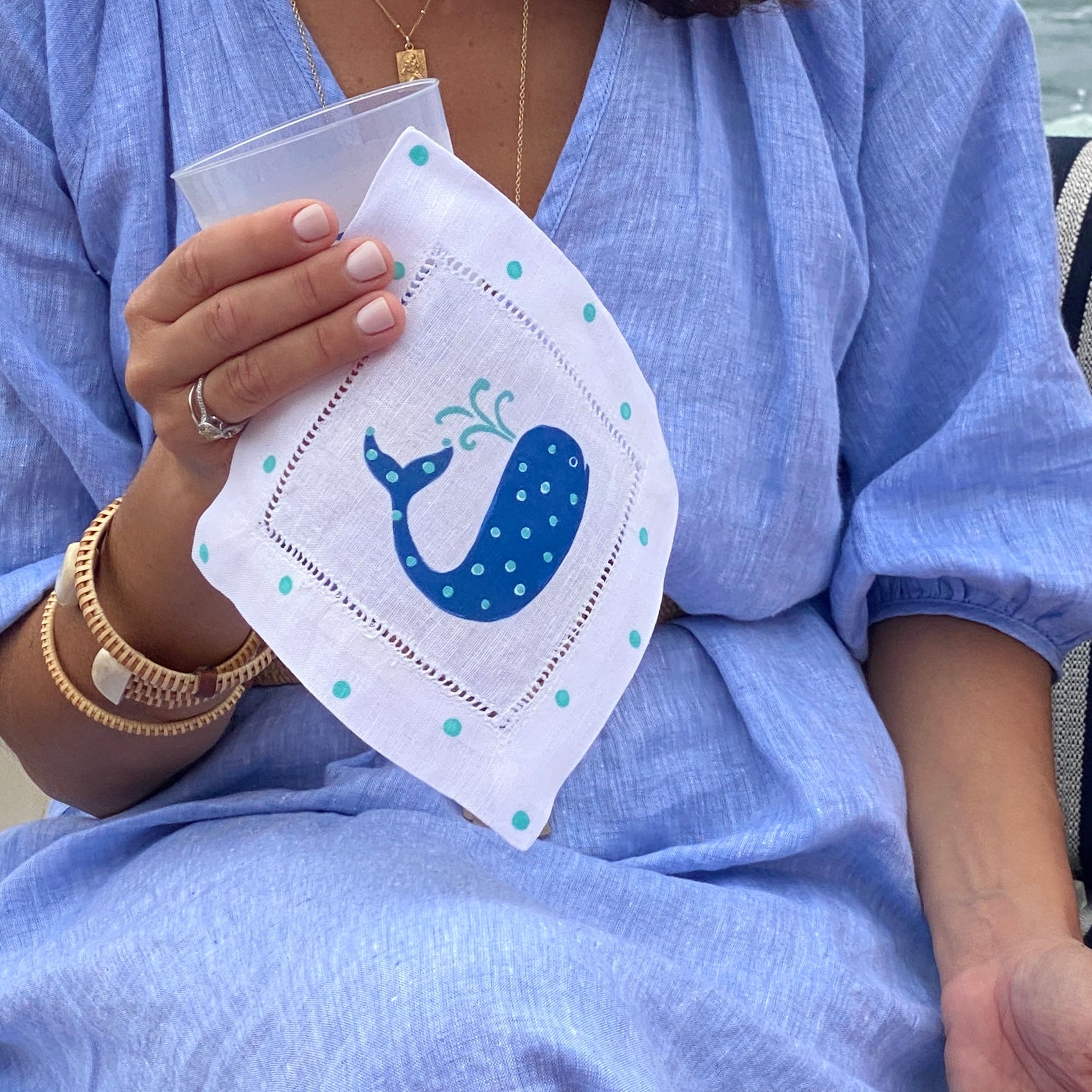 Navy & Aqua Whale Linen Cocktail Napkins - Thumbnail 5