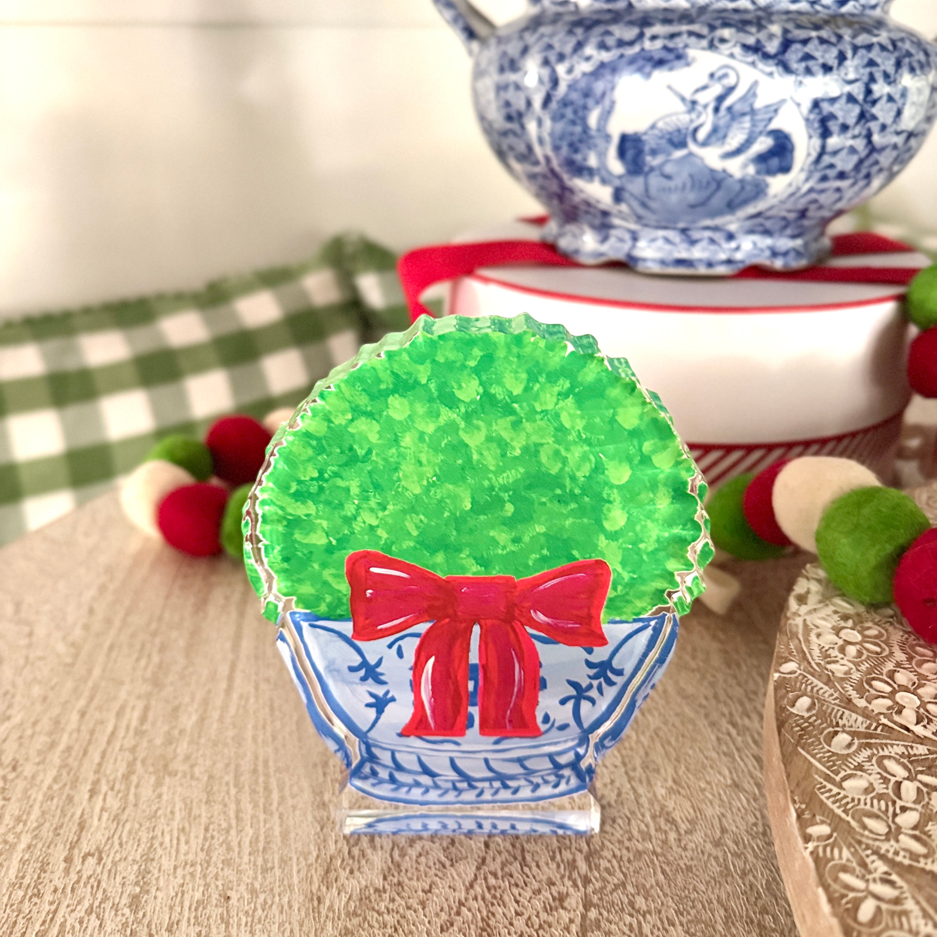 Acrylic Block Chinoiserie Christmas Boxwood - Thumbnail 2