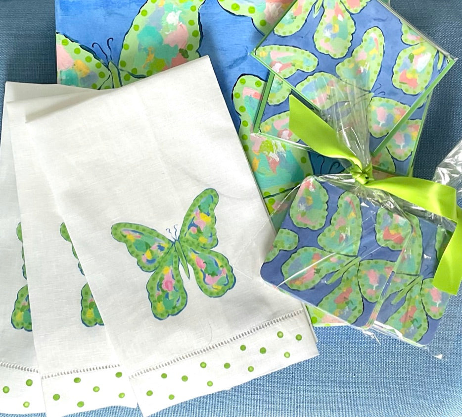 Green Mosaic Butterfly Linen Guest Towel - Thumbnail 2