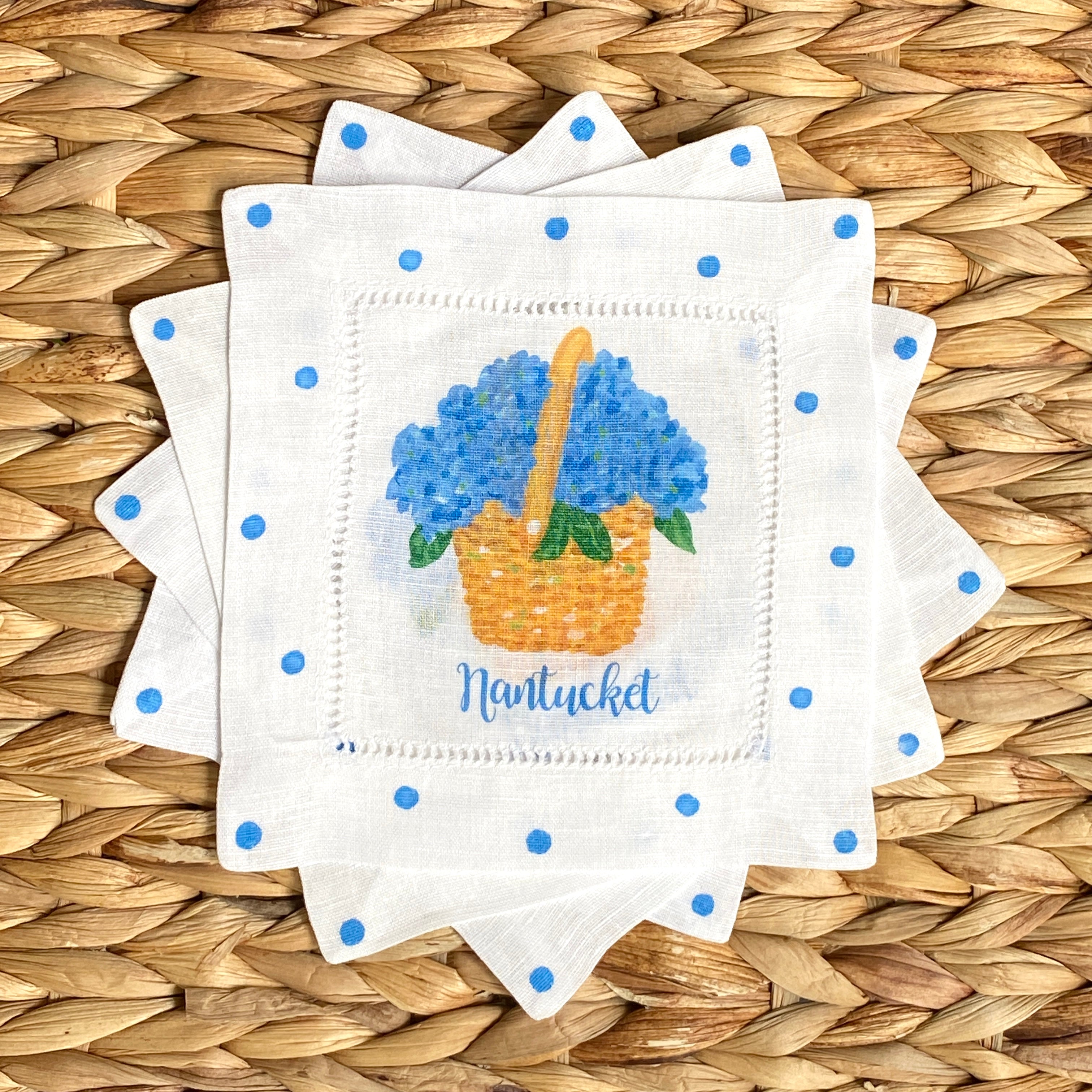 Nantucket Basket Hydrangea Linen Cocktail Napkins