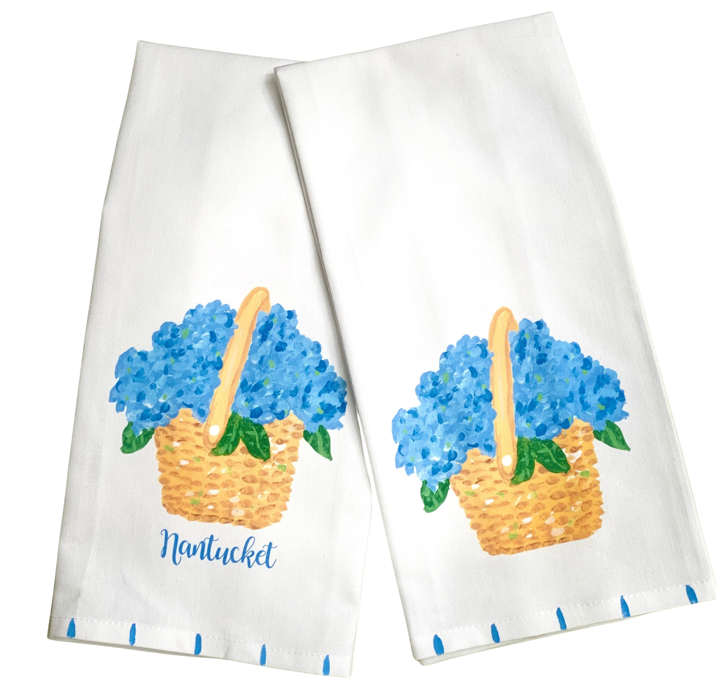 Nantucket Basket of Blue Hydrangeas Tea Towel