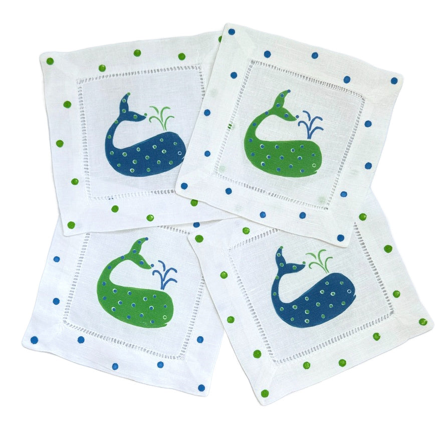 Navy & Aqua Whale Linen Cocktail Napkins