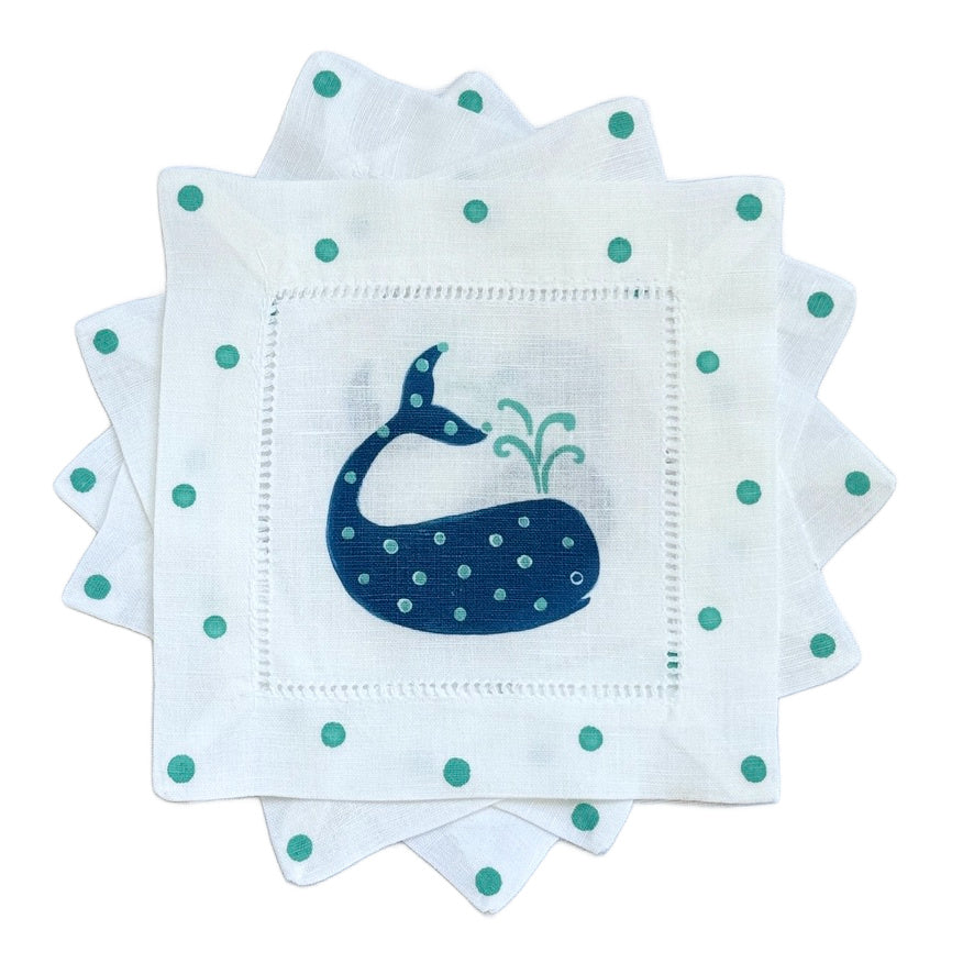 Navy & Aqua Whale Linen Cocktail Napkins - Thumbnail 4