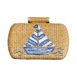Hand Painted Blue and White Sailboat Rattan Clutch