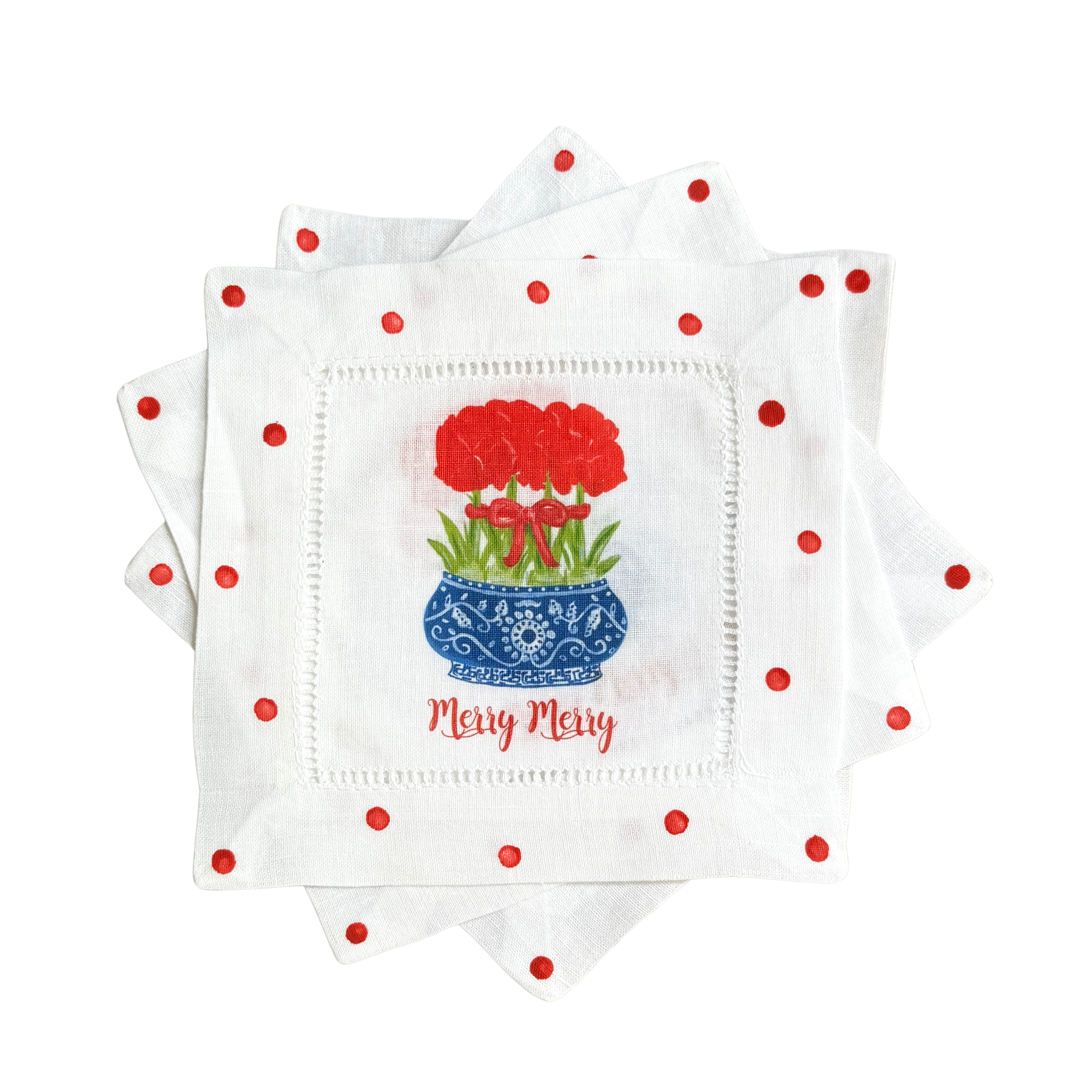 Amaryllis Chinoiserie Linen Cocktail Napkins