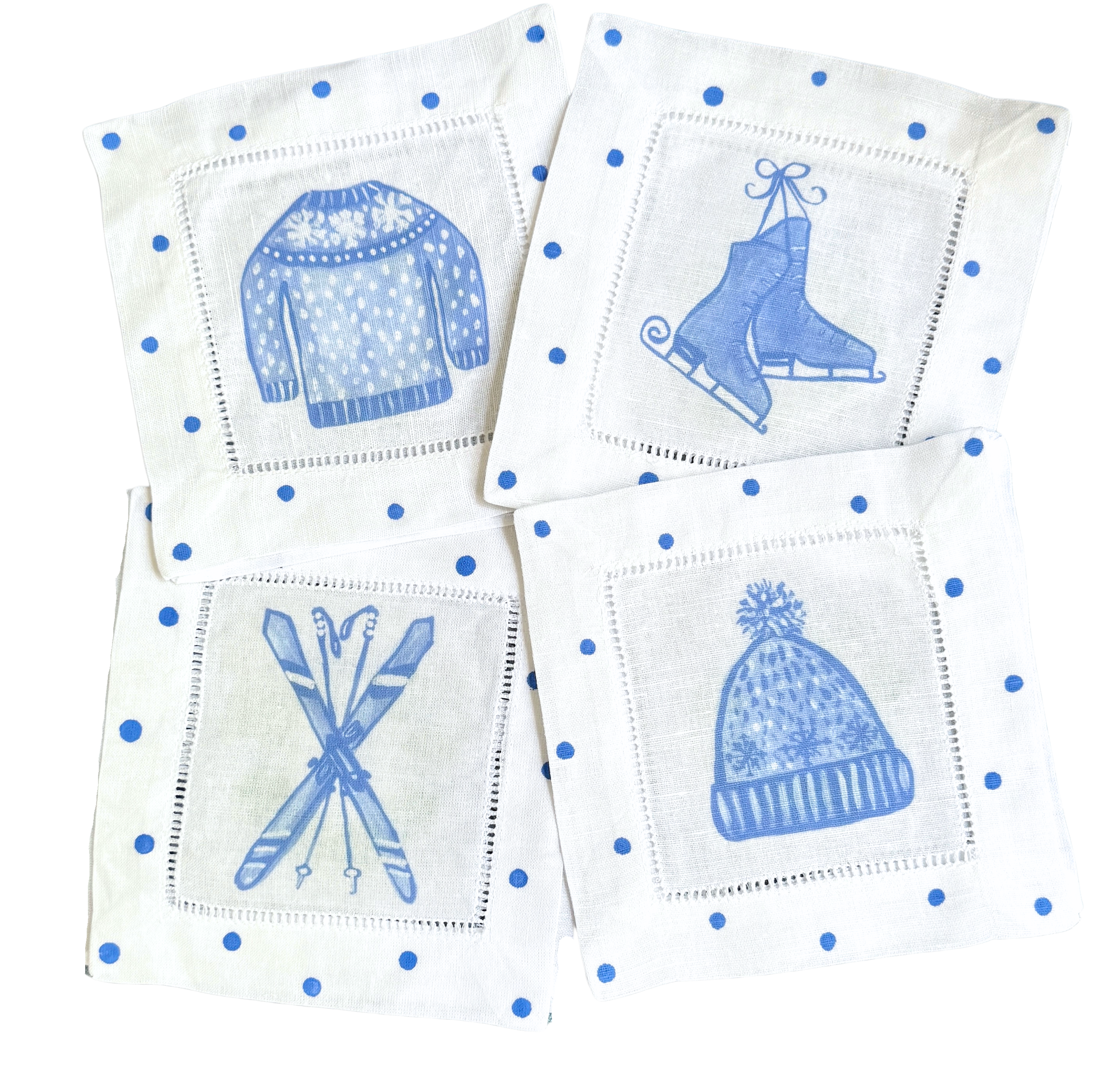 Apres Ski Snow Fun Blue and White Linen Cocktail Napkins