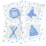 Apres Ski Snow Fun Blue and White Linen Cocktail Napkins