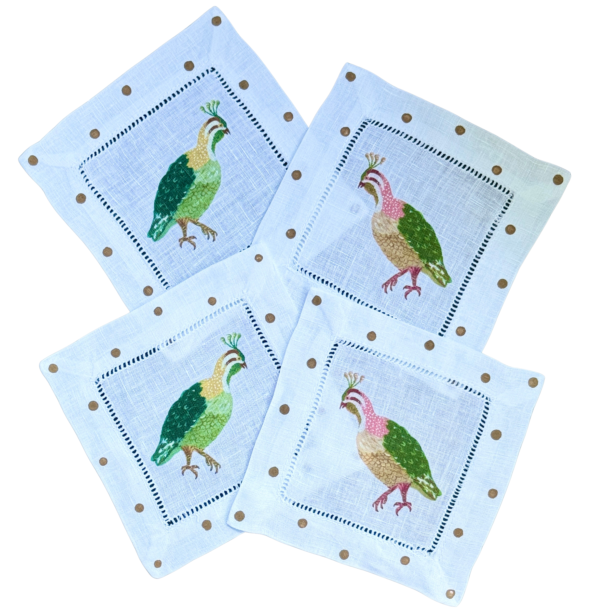 Colorful Quail Linen Cocktail Napkins - Thumbnail 5