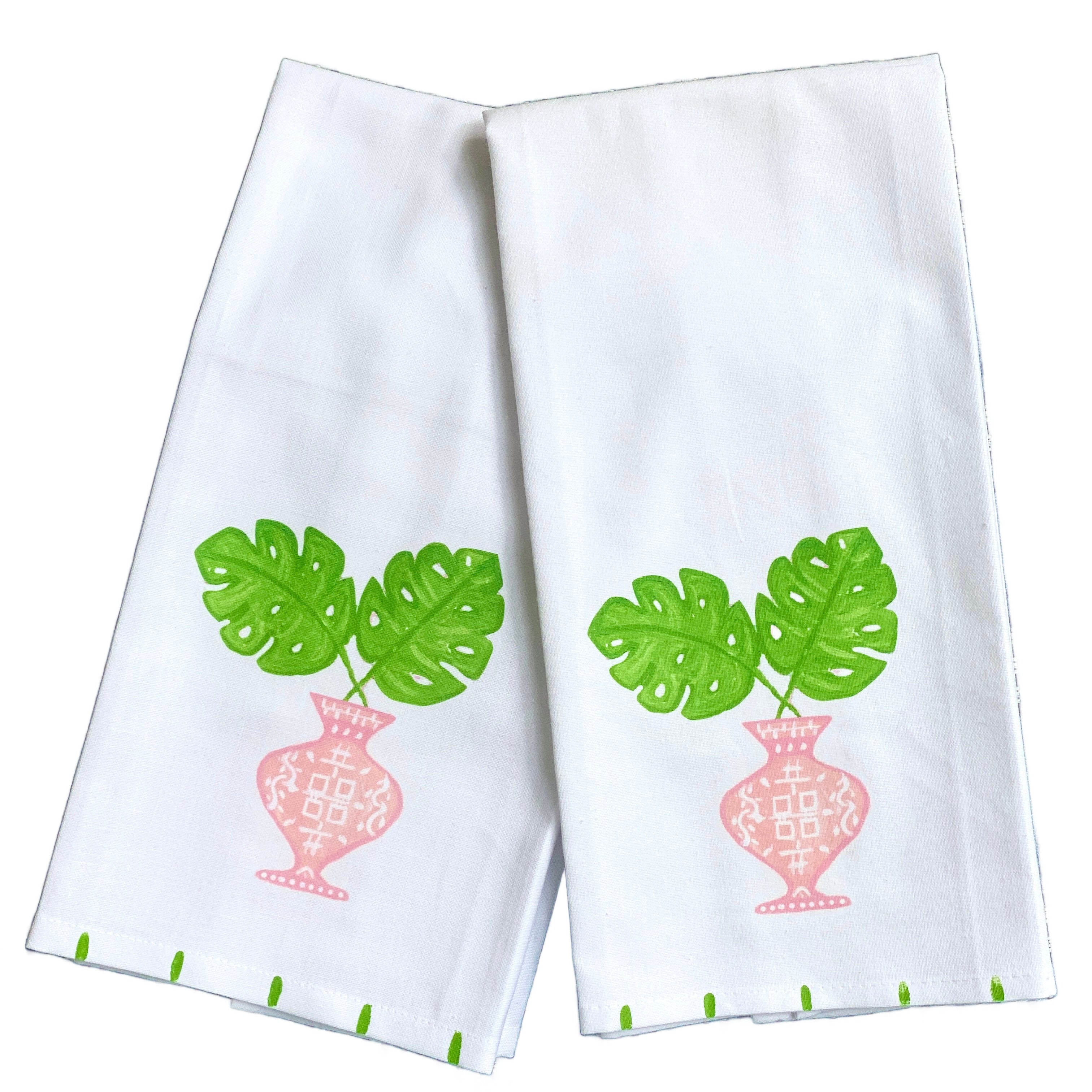 Pink Chinoiserie Monstera Leaf Tea Towel