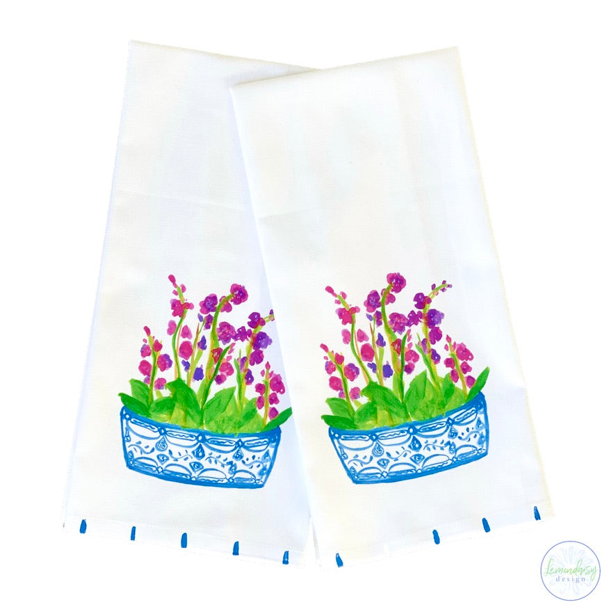 Orchids in Blue Chinoiserie Planter Tea Towel - Thumbnail 2