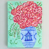Pink Flowers in Blue Chinoiserie Vase Painting