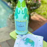 Hand Painted Tropical Elephant Prosecco Bottle and Linen Cocktail Napkins Gift Set