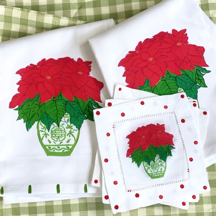Poinsettia Chinoiserie Linen Cocktail Napkins - Thumbnail 2