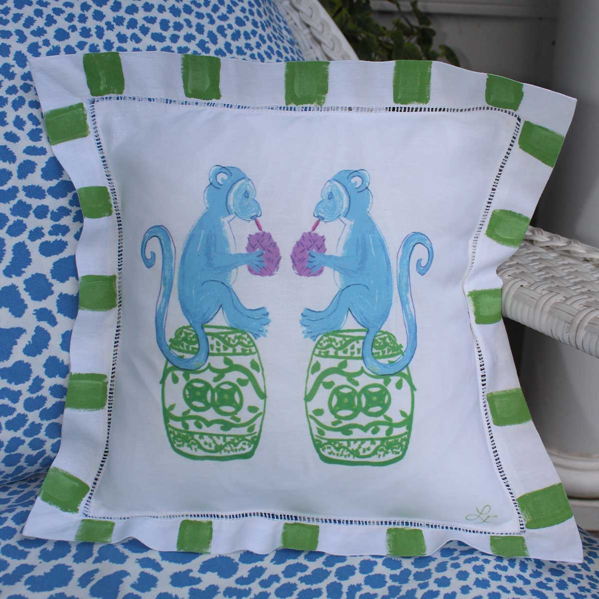 Blue Chinoiserie Monkey Linen Pillow