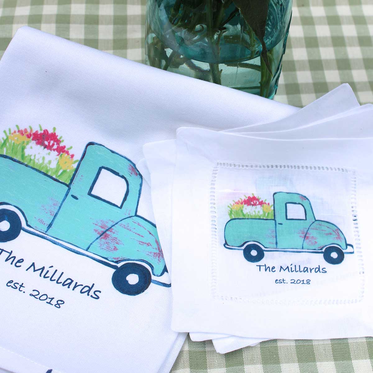 Floral Truck Linen Cocktail Napkins - Thumbnail 3