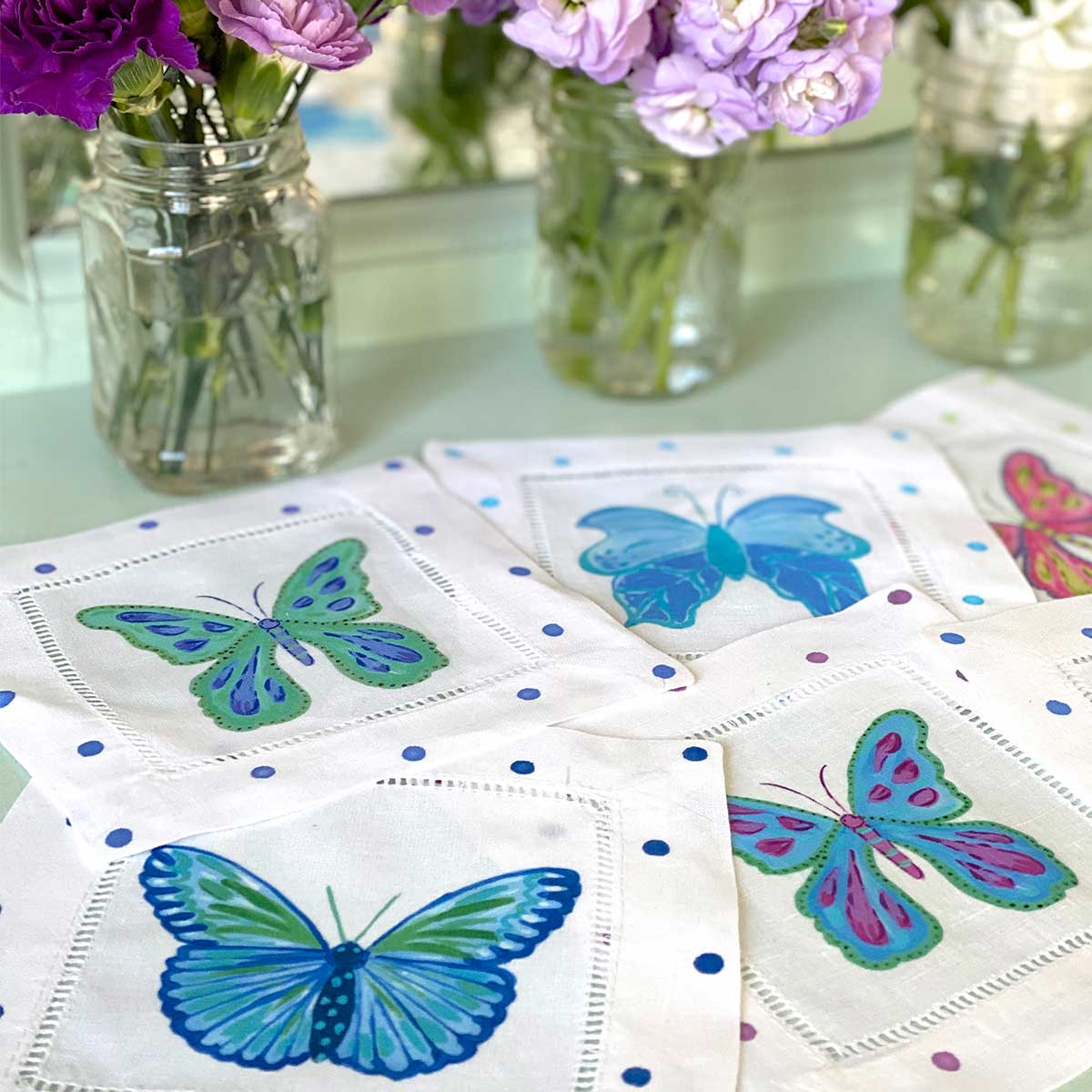 Blue & Green Butterfly Linen Cocktail Napkins - Thumbnail 3