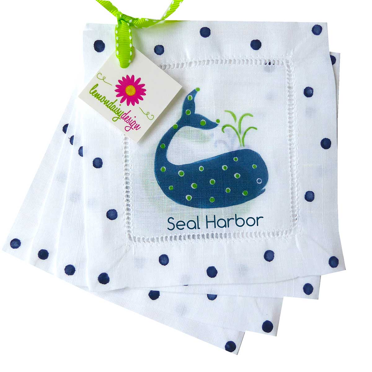 Navy & Aqua Whale Linen Cocktail Napkins - Thumbnail 3