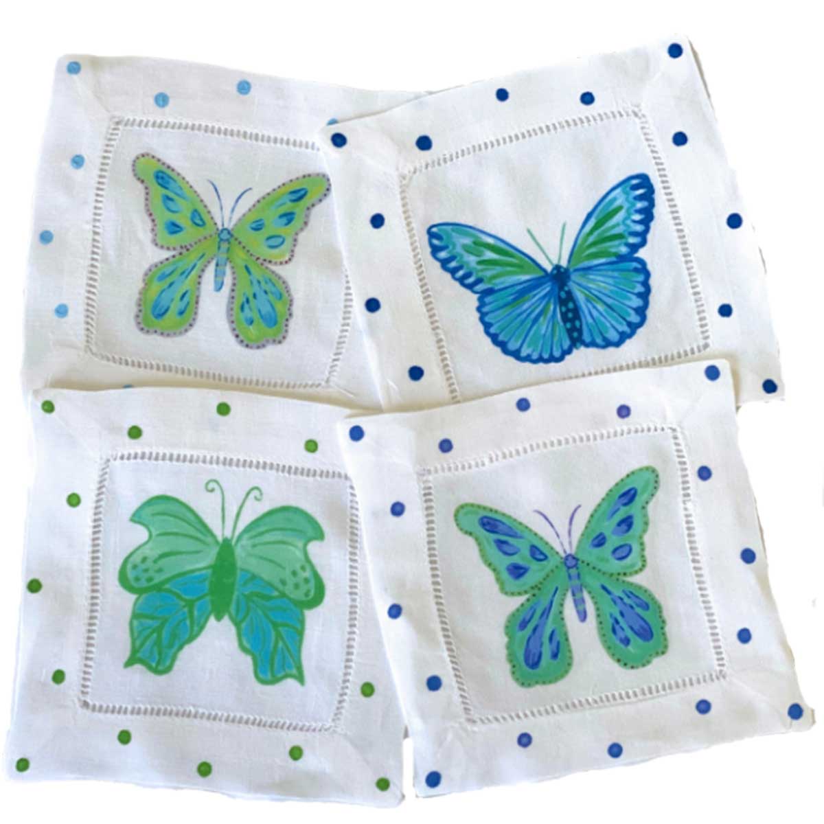 Blue & Green Butterfly Linen Cocktail Napkins - Thumbnail 5
