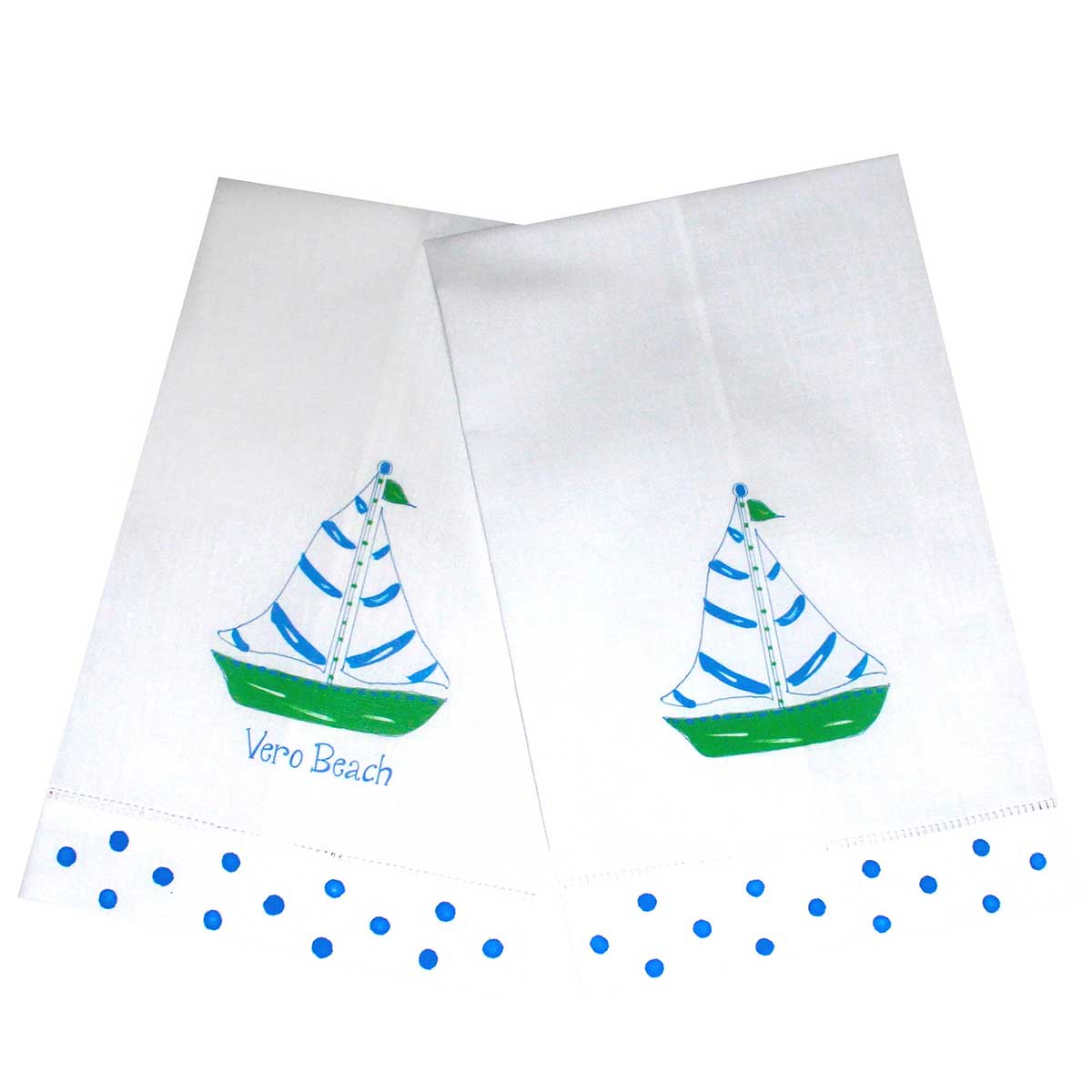 Blue and Green Sailboat Linen Guest Towel Set