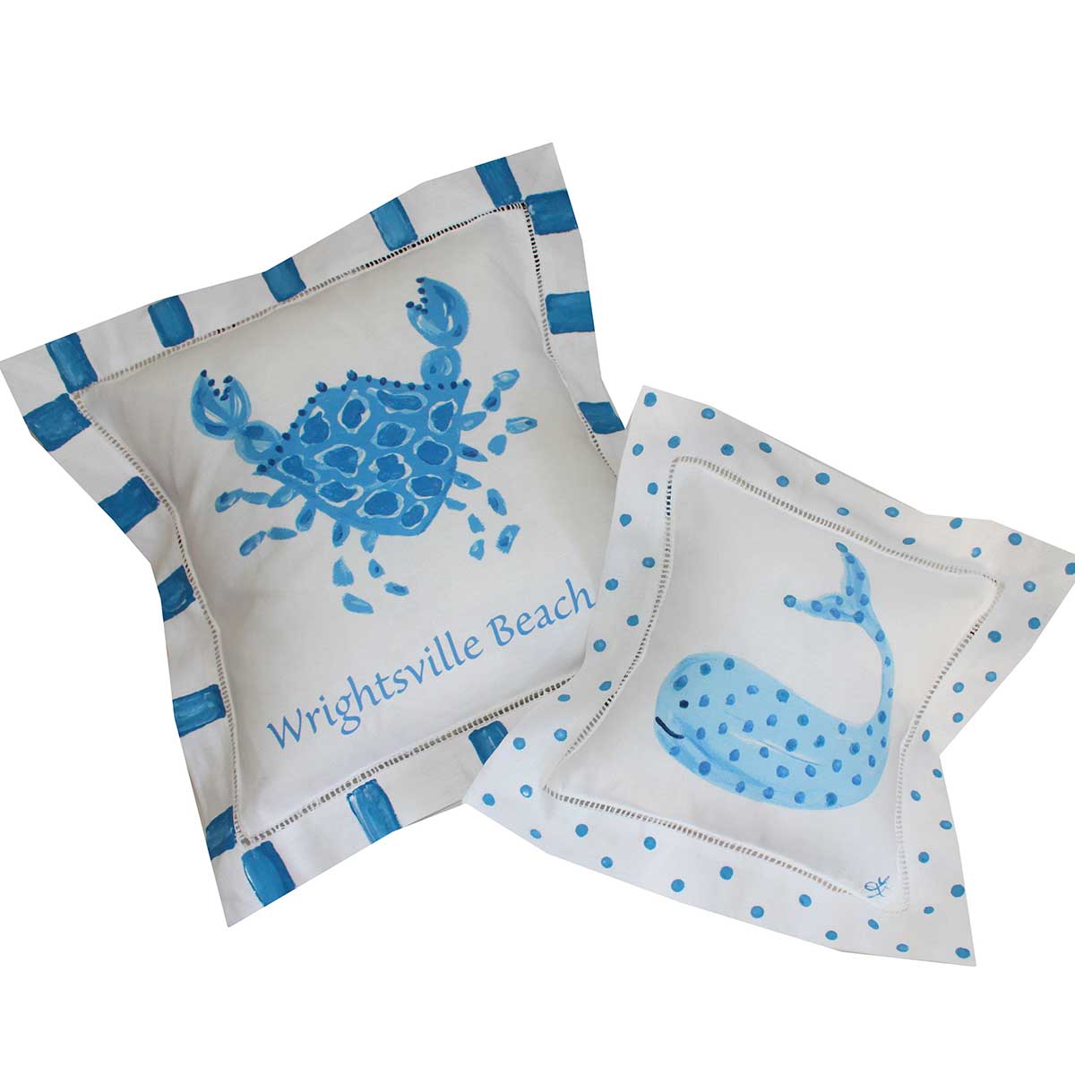 Blue and White Crab Linen Pillow - Thumbnail 2