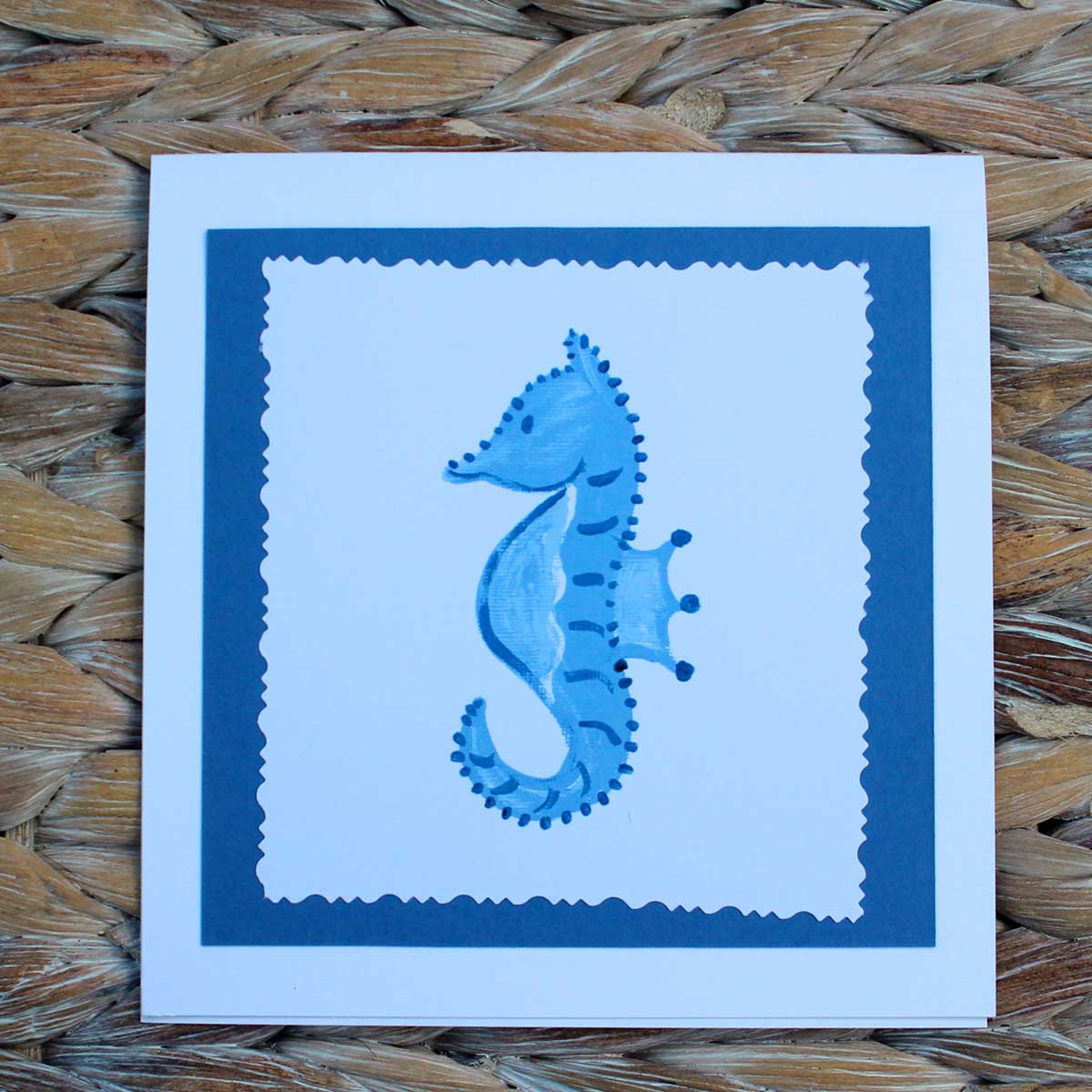 Blue and White Seahorse Hand Cut Notecard
