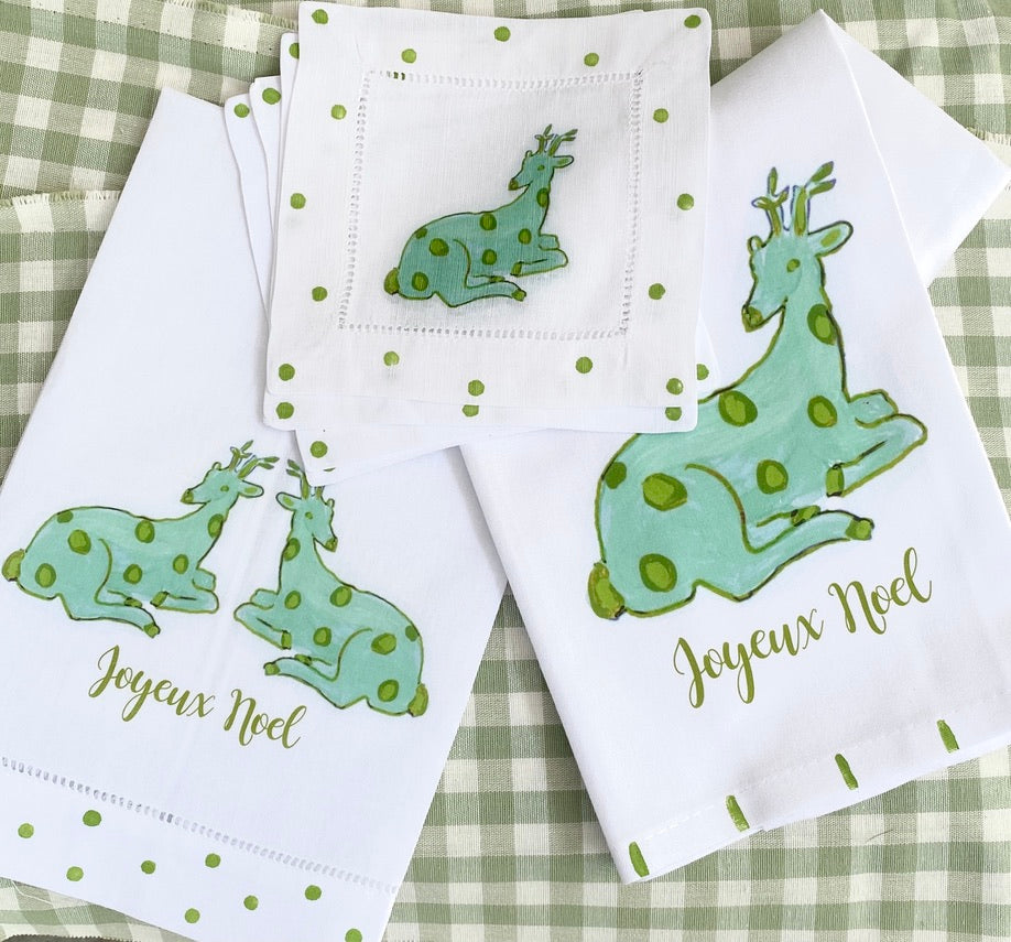Holiday Reindeer Linen Cocktail Napkins