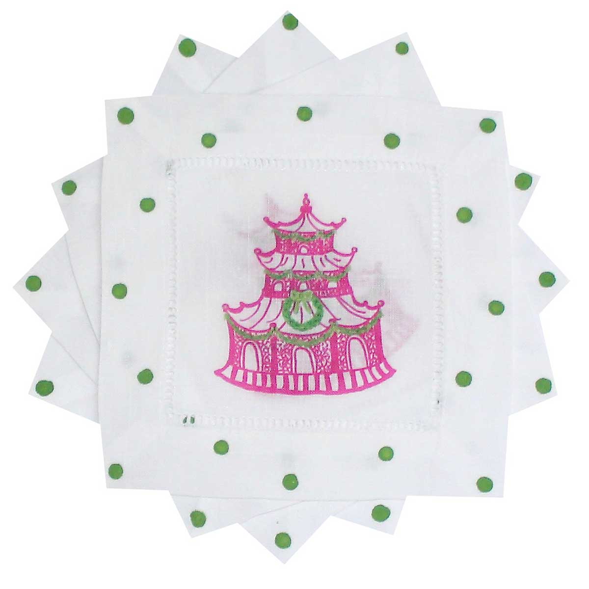 Chinoiserie Christmas Pink Pagoda Linen Cocktail Napkins - Thumbnail 2