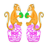 Chinoiserie Monkey Multi Color Linen Cocktail Napkins