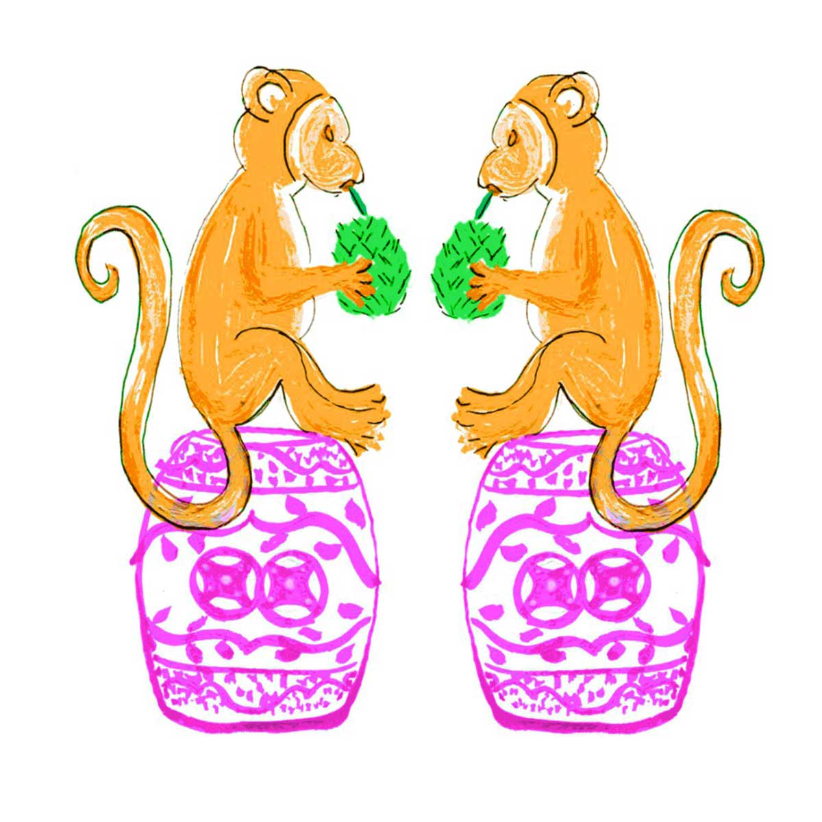 Orange Chinoiserie Monkeys Tea Towel