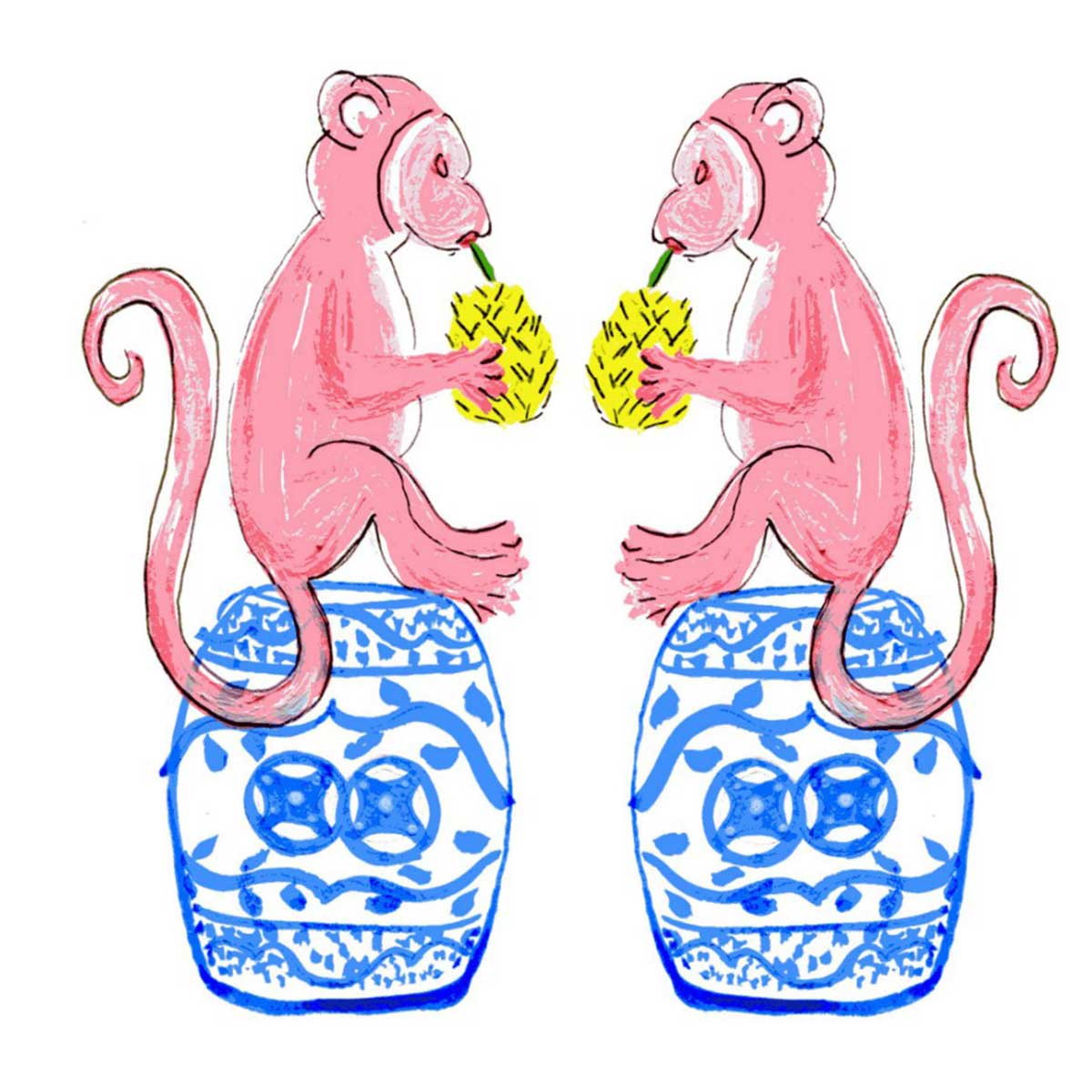 Pink Chinoiserie Monkeys Tea Towel