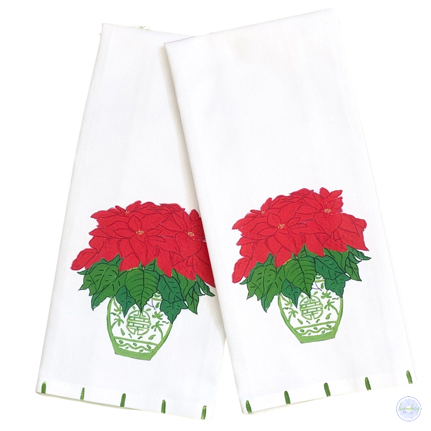 Poinsettia Chinoiserie Holiday Tea Towel - Thumbnail 2