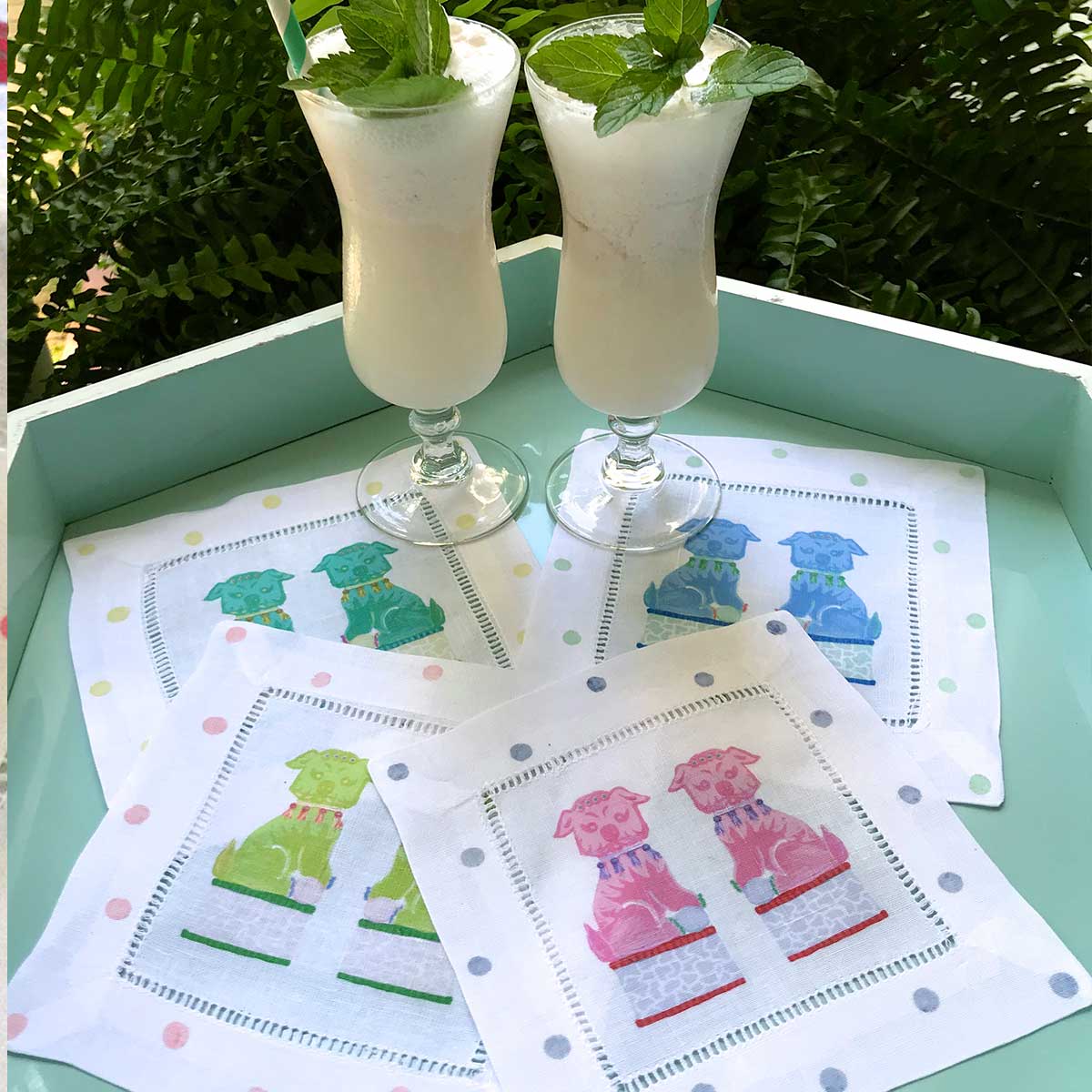 Colorful Foo Dog Linen Cocktail Napkins