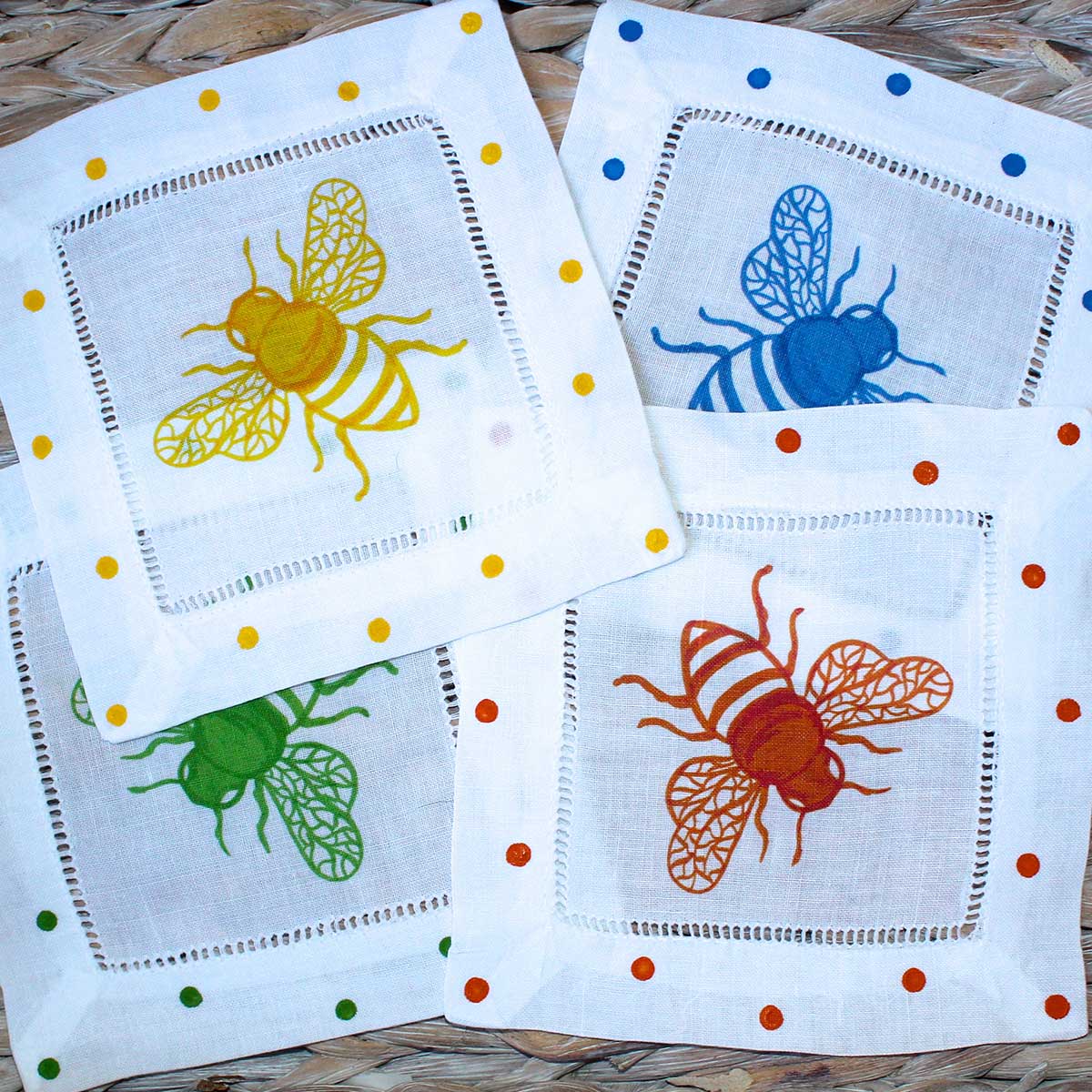 Colorful Honey Bee Linen Cocktail Napkins