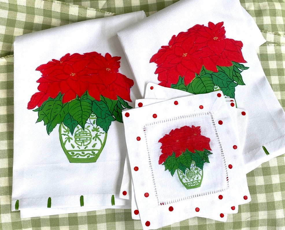 Poinsettia Chinoiserie Holiday Tea Towel