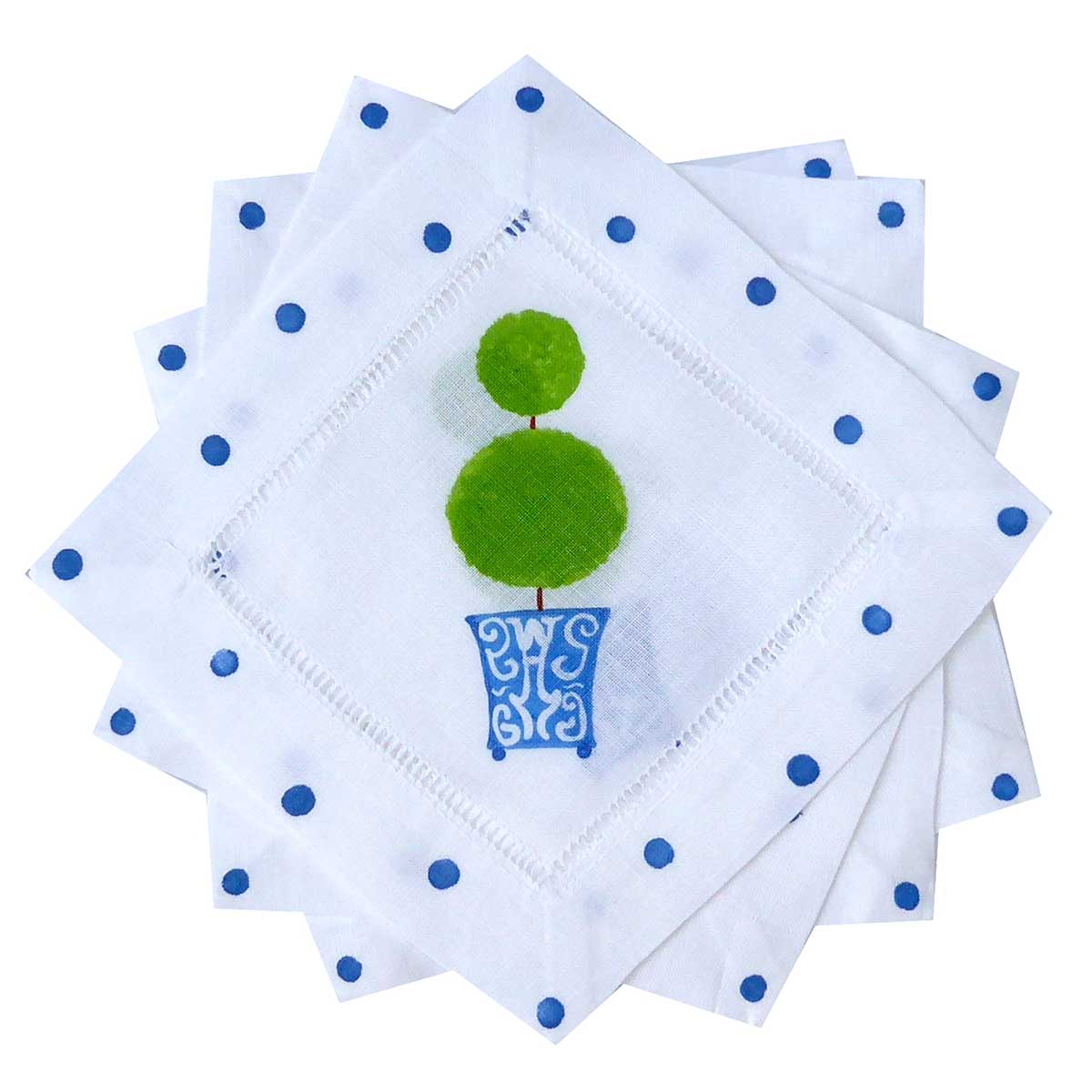 Green Topiary Blue Chinoiserie Cocktail Napkins - Thumbnail 2