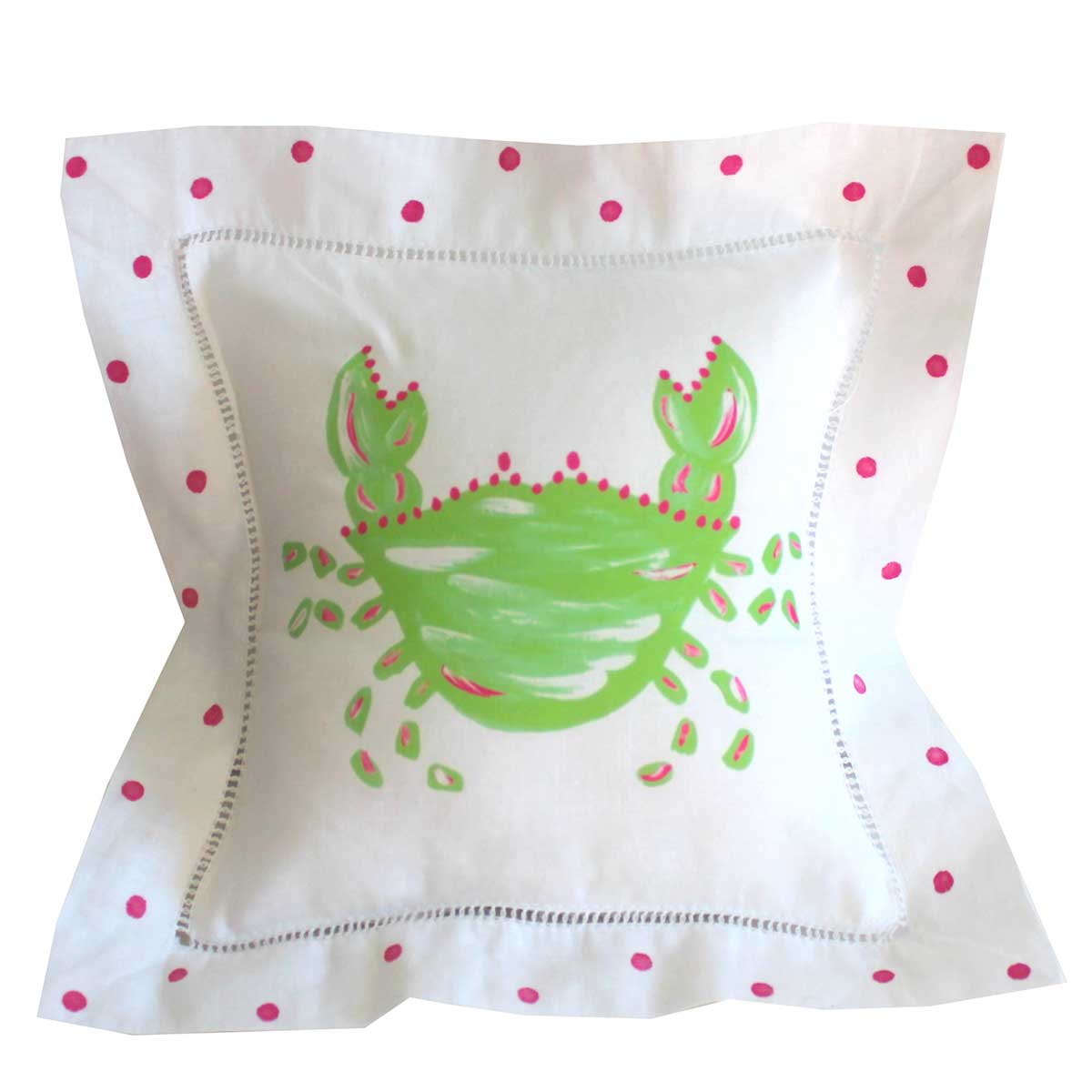 Green and Pink Crab with Polka Dots Linen Pillow