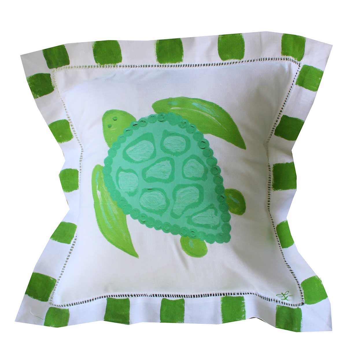 Green And Turquoise Sea Turtle Linen Pillow - Thumbnail 3