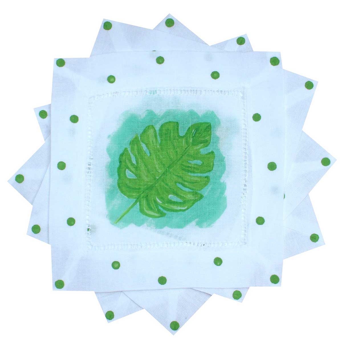 Green and Turquoise Tropical Monstera Leaf Linen Cocktail Napkins