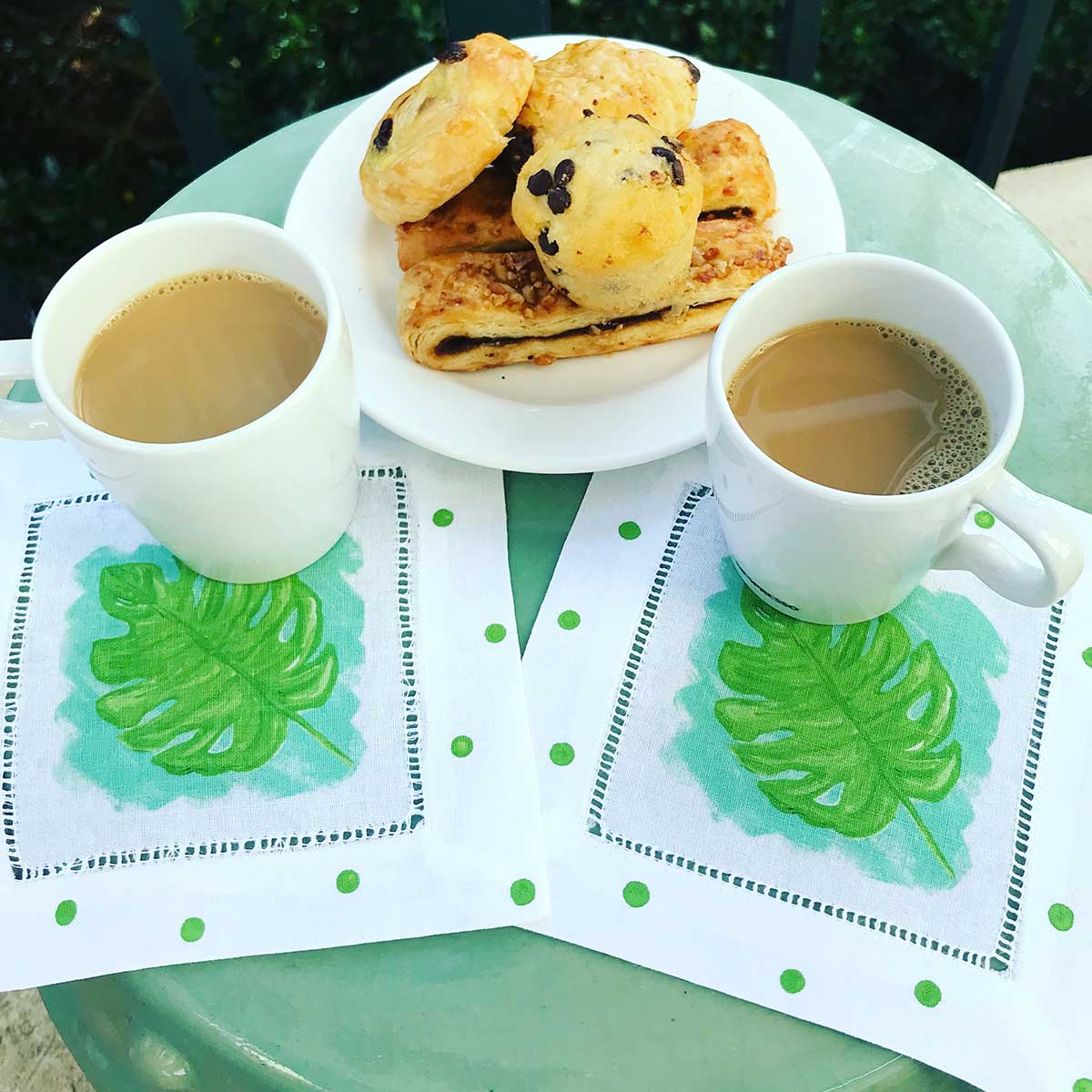 Green and Turquoise Tropical Monstera Leaf Linen Cocktail Napkins - Thumbnail 2