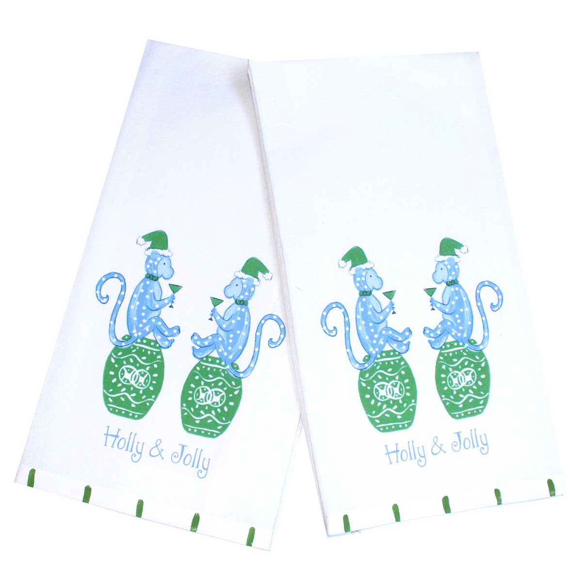 Green and Blue Holly & Jolly Chinoiserie Monkeys Holiday Tea Towel