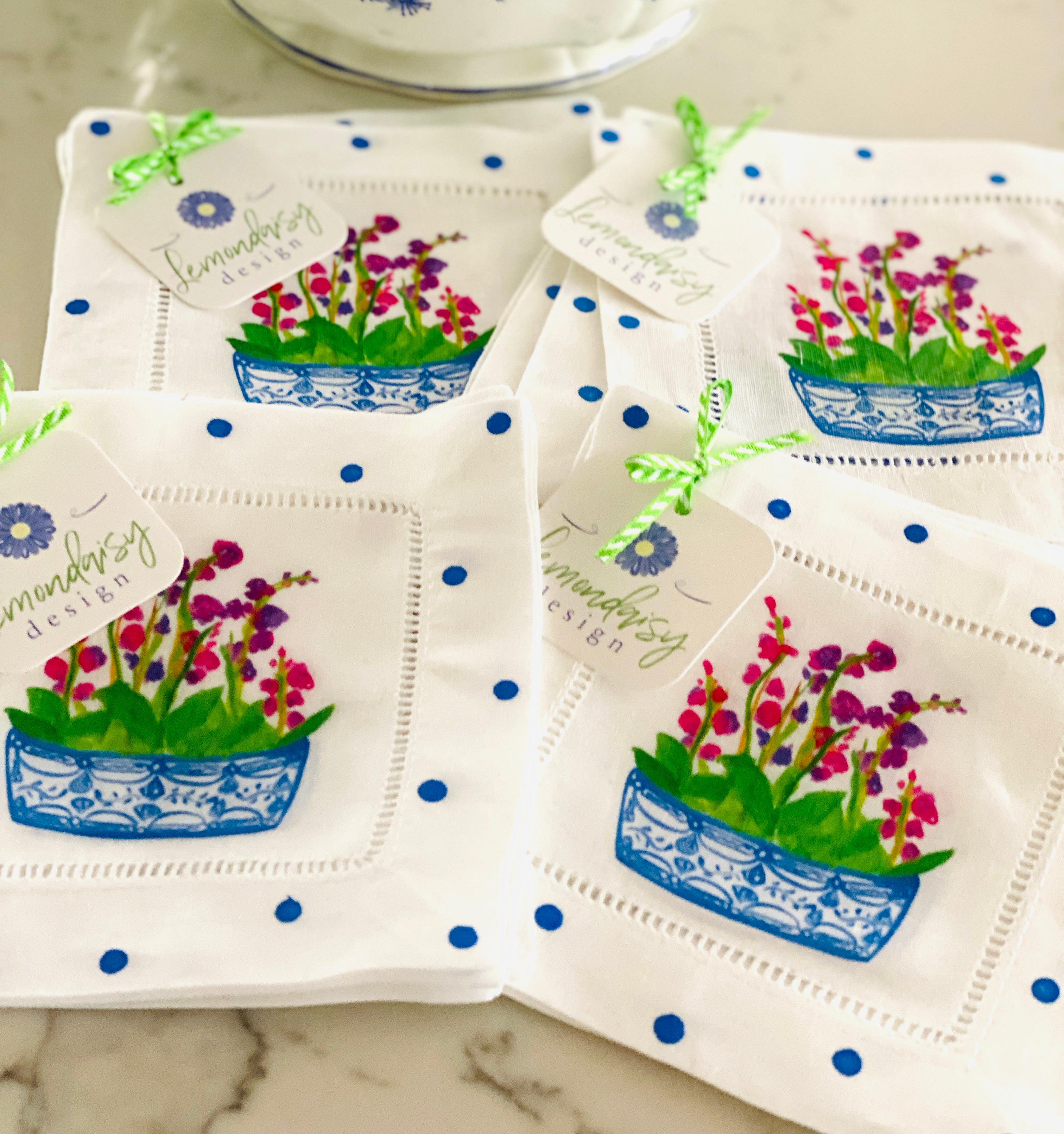 Chinoiserie Orchid Linen Cocktail Napkins - Thumbnail 2