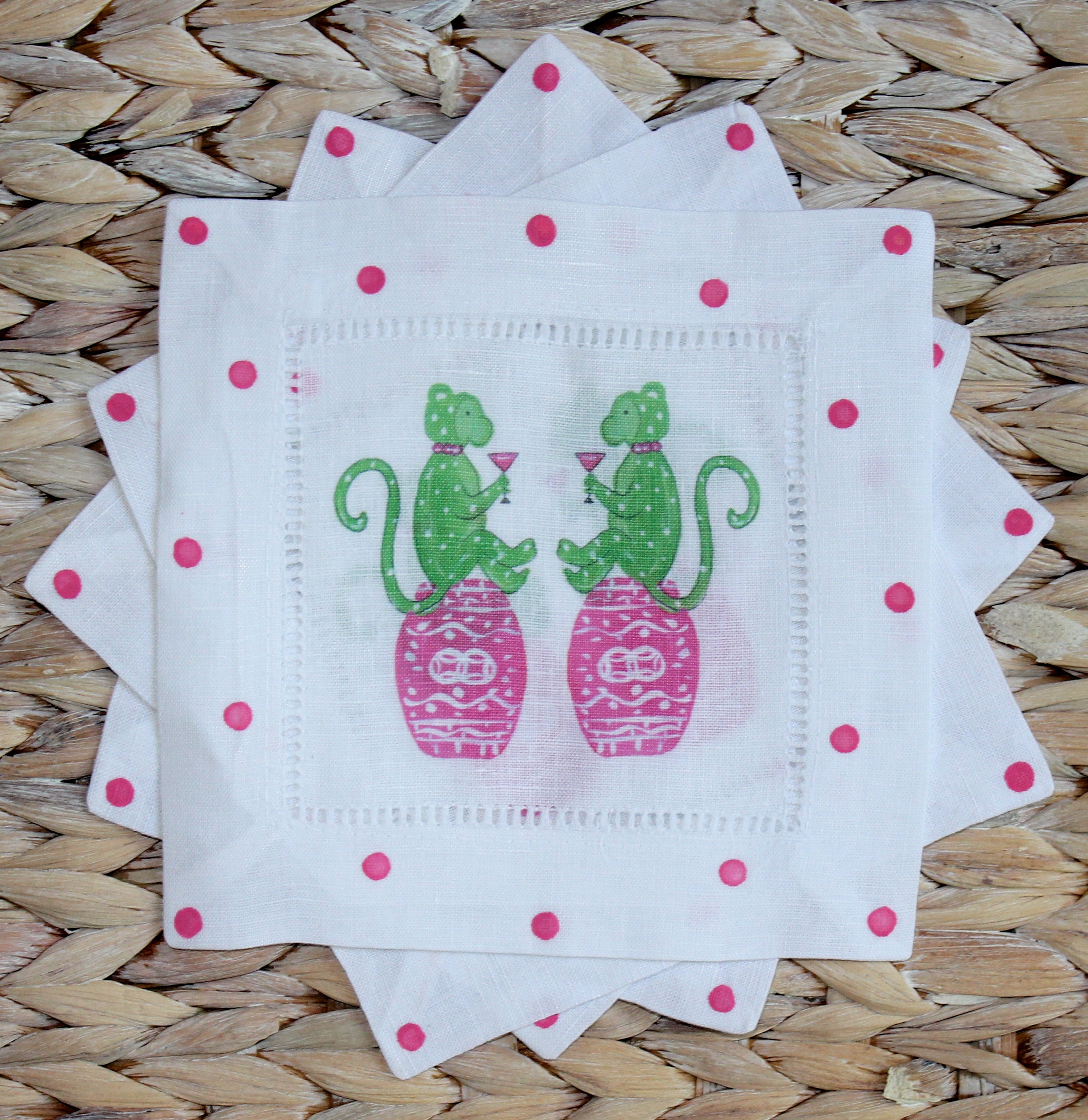 Chinoiserie Monkey Linen Cocktail Napkins - Thumbnail 4