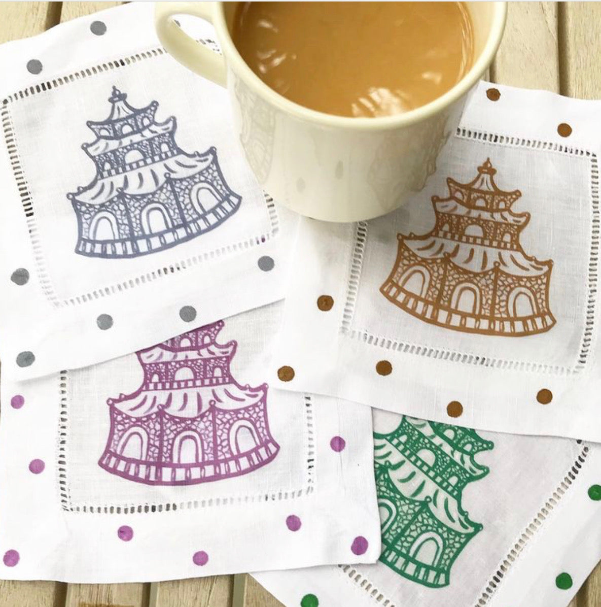 Autumn Colors Chinoiserie Pagoda Linen Cocktail Napkins - Thumbnail 3